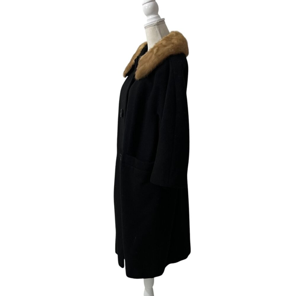 Vintage 60s Youthcraft Old Hollywood Long Black‎ Wool Coat Brown Mink Fur USA LG - Picture 3 of 9